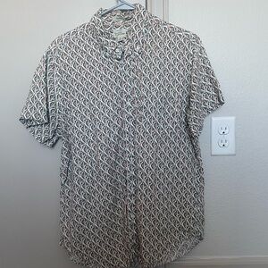 J. Crew White Short-Sleeve Button-Down with Green and Pink Geometric Print